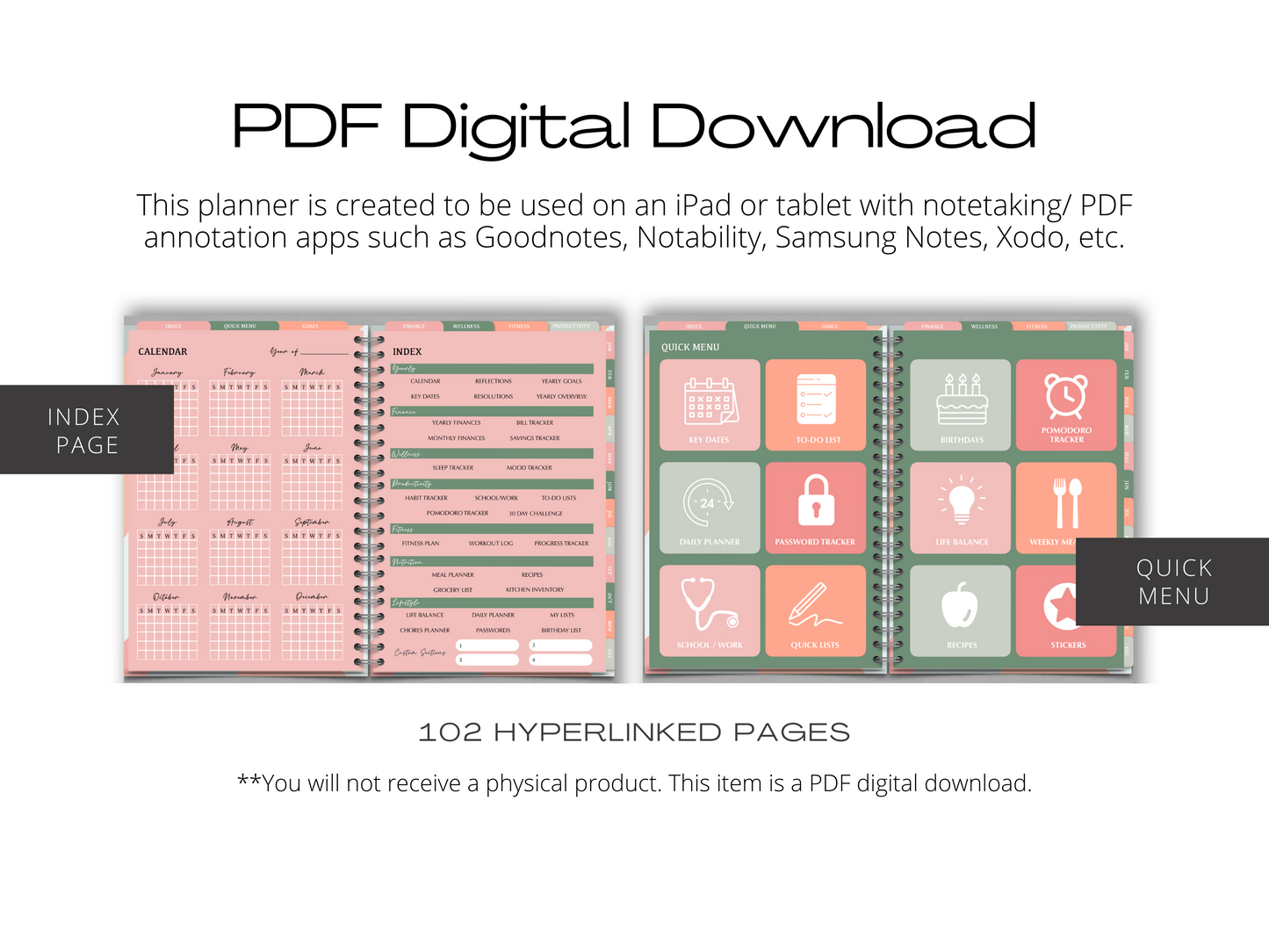 Undated Pink & Green Themed Digital Planner